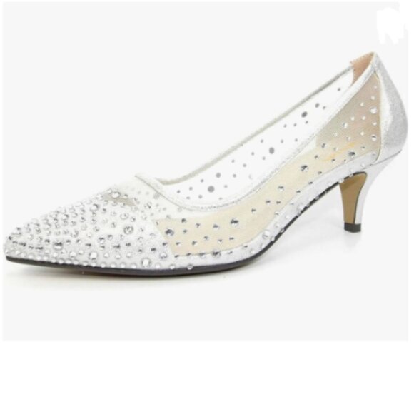 XYD Silver Pointed Toe Slip On Mesh Pumps Rhinestone Studs Kitten Heels Shoes - Picture 1 of 8